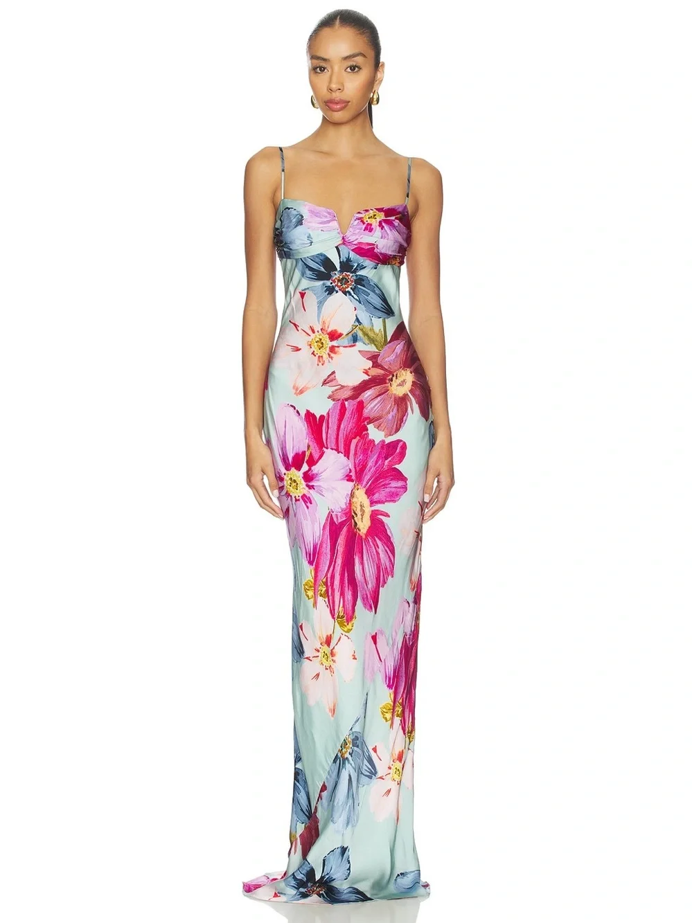 Amanda Uprichard Ira floral satin gown in blue multi bold flowers print